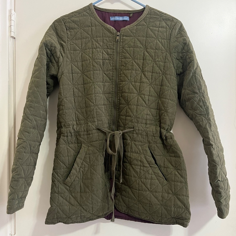 Womens Quilted Utility Jacket Small Olive Drawstring Waist Lightweight Heritage